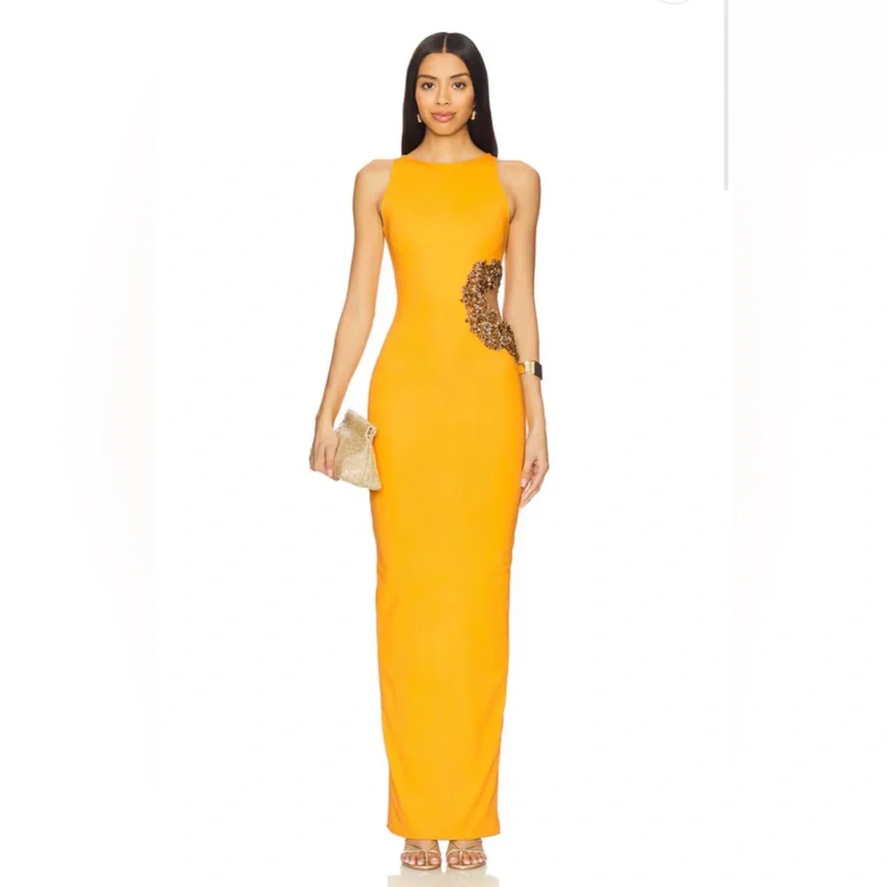 NWOT BRONX AND BANCO Camila Yellow Rhinestone Cutout Maxi Dress - Picture 3 of 15